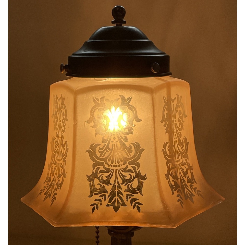 Vintage Art Nouveau Brass Table Lamp Etched Glass Shade Tiffany Style Tree Base - Picture 4 of 16